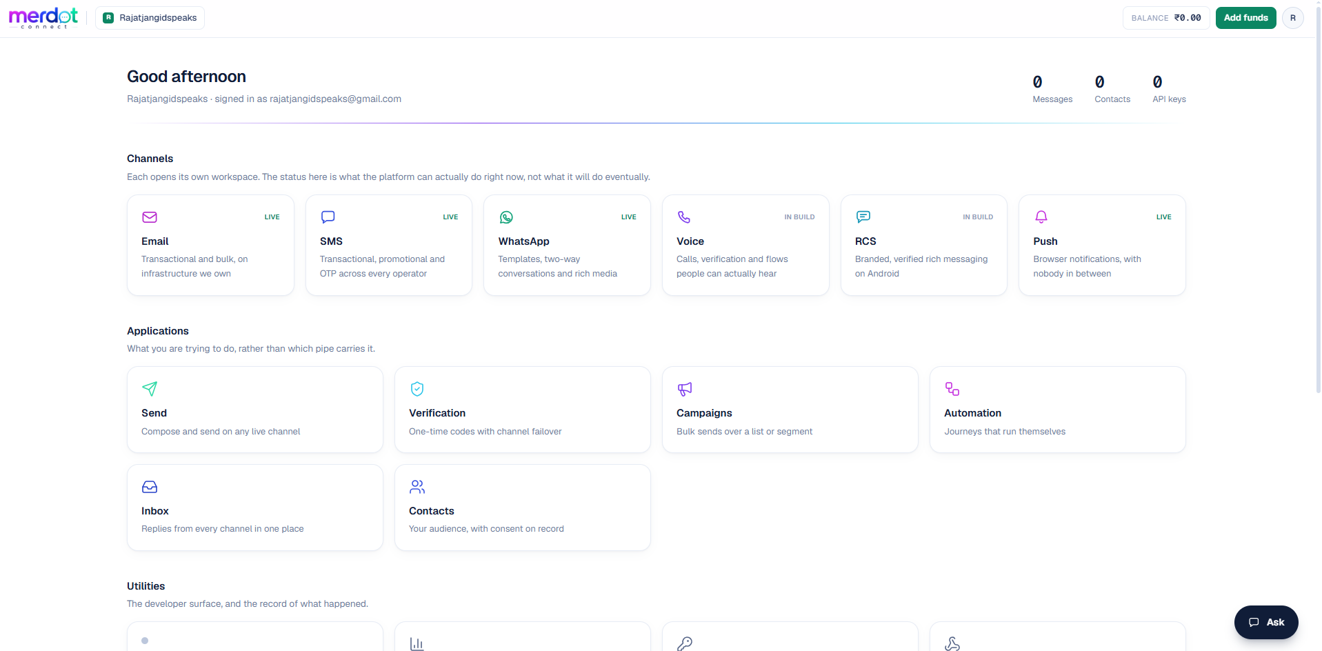 Merdot Connect overview, showing Email, SMS, WhatsApp, Voice, RCS and Push channel status